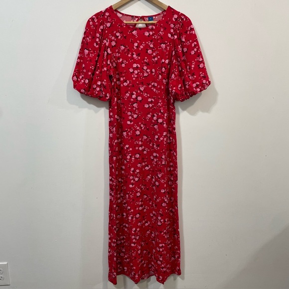 Old Navy Cut Out Back Floral Summer Red Puff Sleeves Crew Neck Midi Dress Size M - Picture 2 of 10